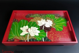 Rectangle lacquer tray with hand painted lotus pond 28*45cm